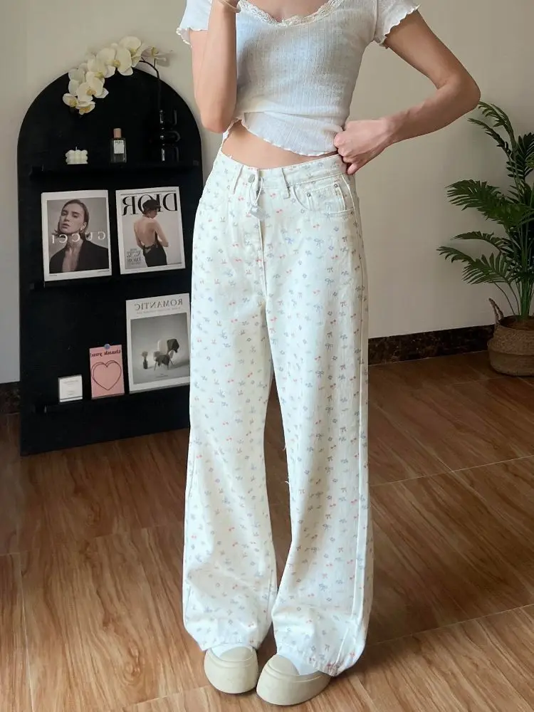 

Sanrio Hello Kitty Floral Print Wide Leg Pants Kawaii Cartoon Embroidered Jeans for Women Casual High Waist Streetwear Trousers
