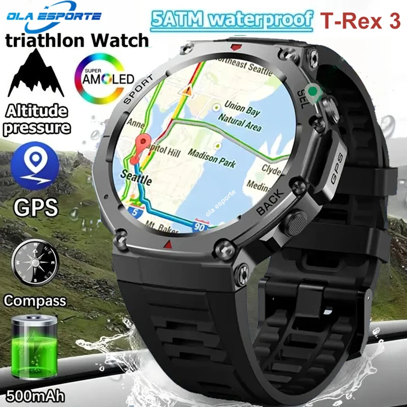 

TRex3 GPS Смарт-часы для плавания в стиле милитари для мужчин 10ATM Водонепроницаемые 170+ спортивных режимов BT Вызов для SmartWatch Amoled Компас с большим экраном