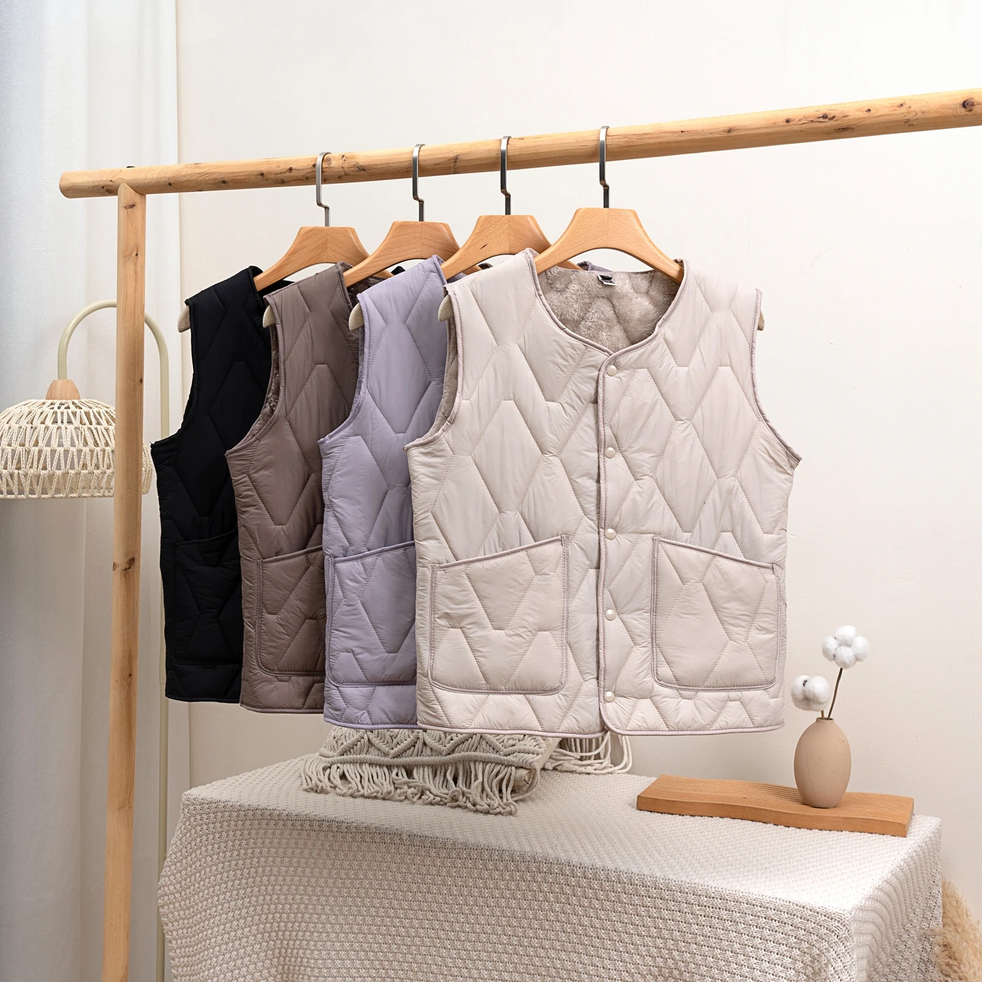 Herren-Weste aus gesteppter, mit Fce gefütterter Baumwolle, Frühling und Herbst, lässige Weste, Thermo-Unterwäsche, Polyesterfaser, V-Ne