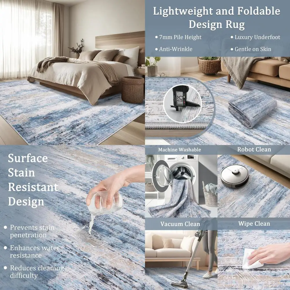 

Large Modern Blue Area Rug - Washable, Soft, Thin, Non-Slip for Living Room, Bedroom, Office Decor