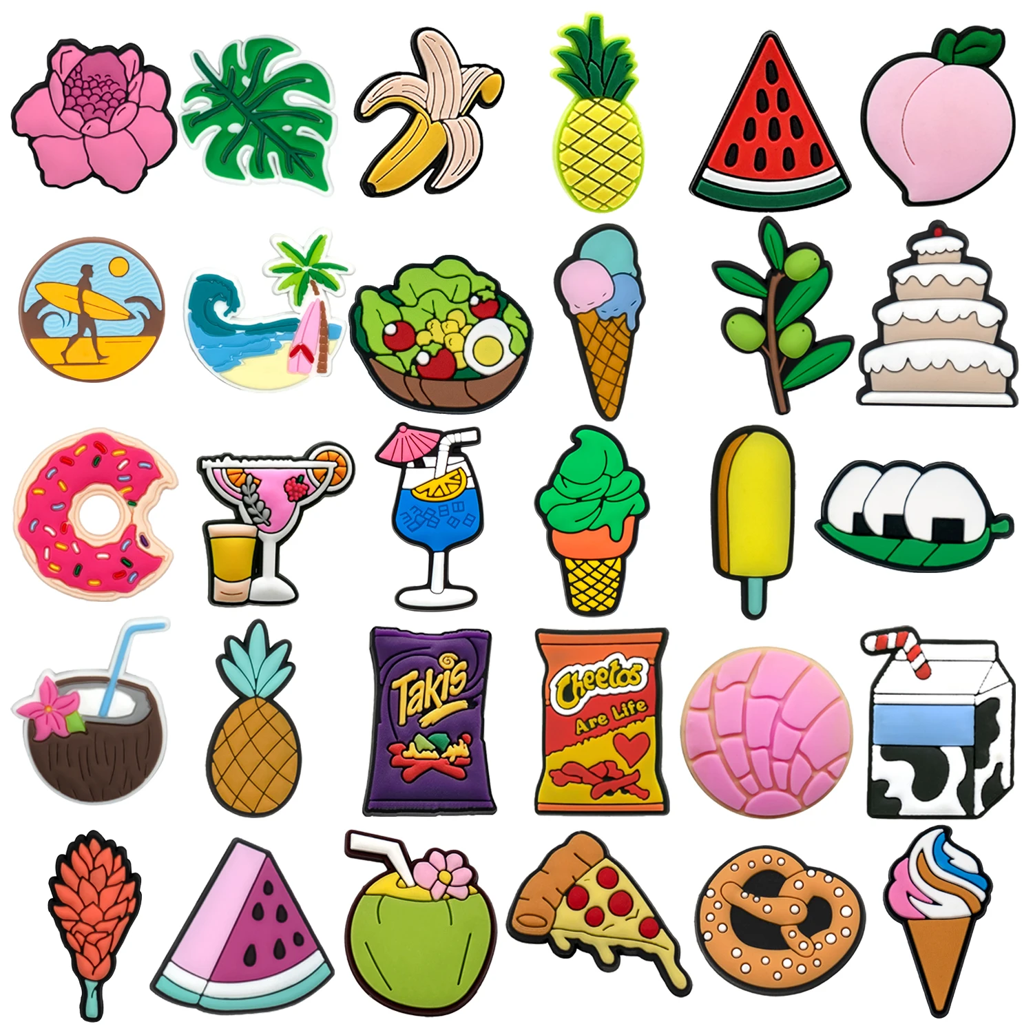 Breloques de chaussures de Style d'été, 1/30 pièces, nourriture mignonne, noix de coco, banane, accessoires de chaussures, décorations, Pizza, beignets, crème glacée, convient à tous les sabots