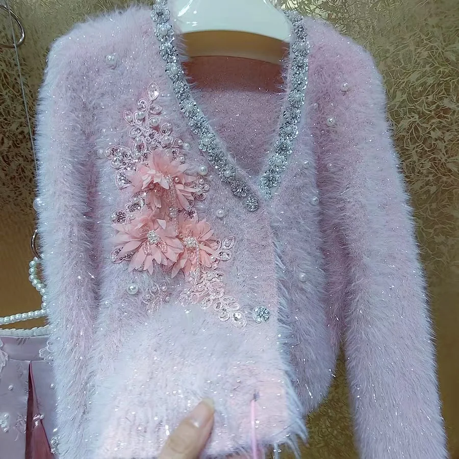 Luxury Style Blingbling Pearls Beaded Diamonds Flowers Faux Fur Sweater Cardigan For Women Autumn Warm Knitwear PInk Pullovers