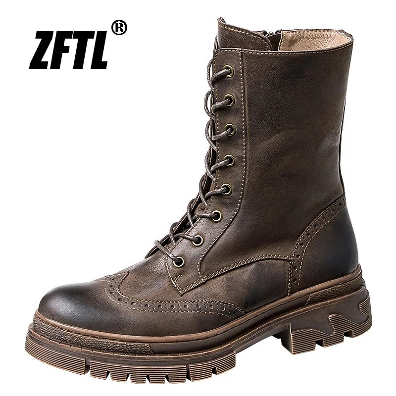 

ZFTL Men's mid-calf boots British retro style Thick-soled Workwear Boots Handmade Casual Lace-up boots anti-slip cowhide leather