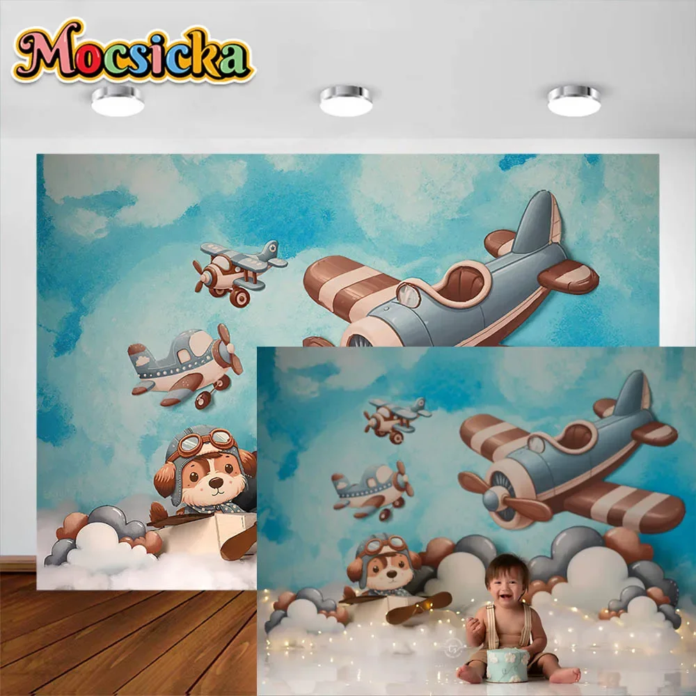 Fondo de fotografía de cumpleaños para recién nacido, avión de cielo azul, decoración de perro bonito, pastel de Baby Shower, retrato Smash, accesorios de estudio fotográfico