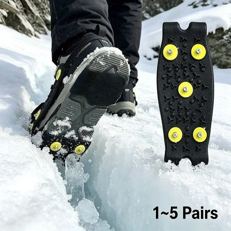 1 Pair 5 Stud Anti Slip Ice Snow Grips Crampons Cleats for Boots Men Women Winter Traction Spikes Shoe Covers Non Slip Outdoor