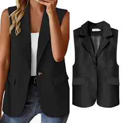 Lapel Single Button Women Waistcoat V Neck Sleeveless Business Vest Female Outerwear Chic Tops Formal OL Style Commute Coats