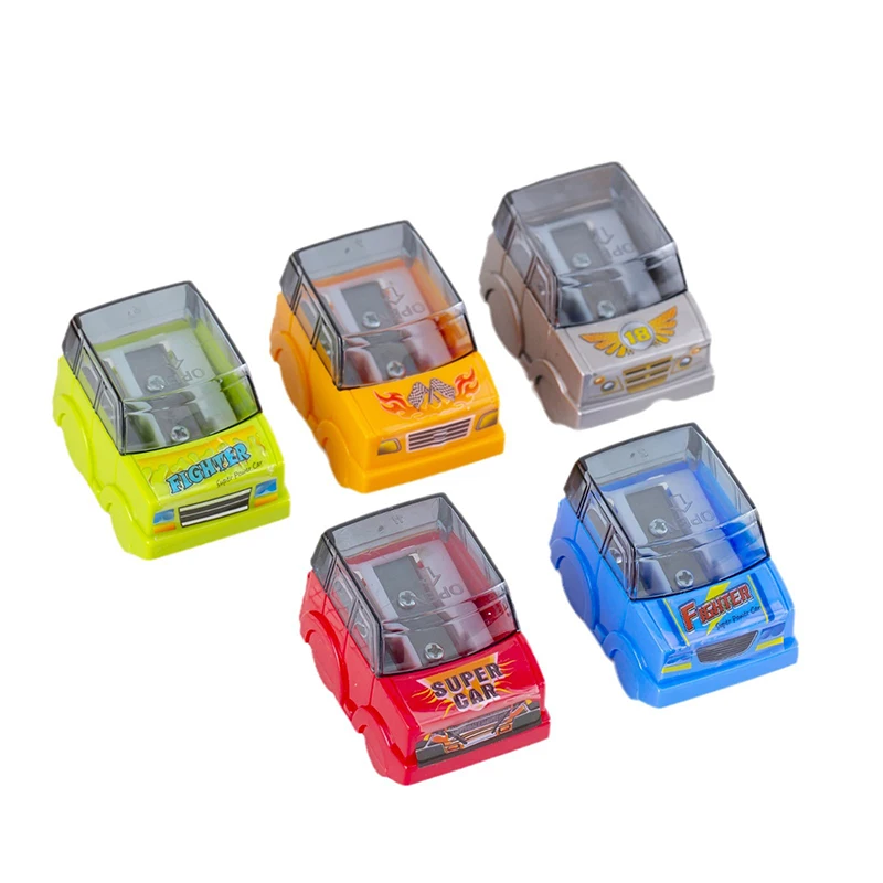 Cartoon Car Model Double Hole Pencil Sharpener para crianças, Cute Pencil Sharpener, papelaria estudantil, material escolar, presentes, 2pcs