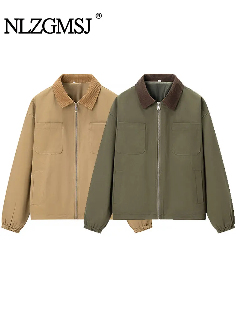 

NLZGMSJ винтажные повседневные шикарные женские куртки с отложным воротником на молнии, свободные пальто, новая мода, осенняя верхняя одежда 2025 г.