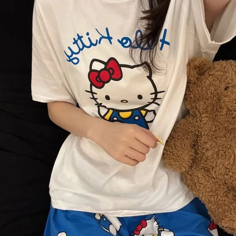 Hello Kitty Pajamas Kawaii Anime Cartoon Printing Sanrio Summer Short Sleeve Shorts Joker Home Clothing Suit Girls' Holiday Gift - view 2