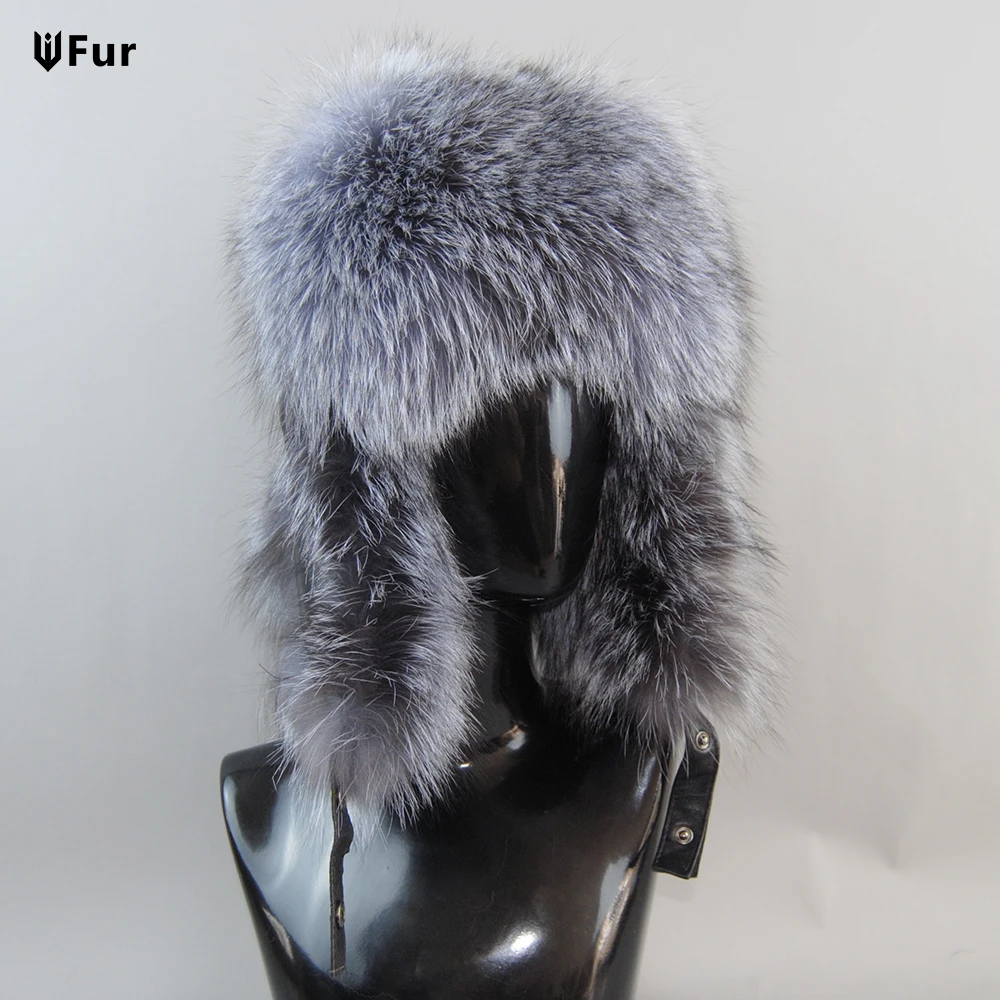 Genuine Silver Fox Fur Hat with Ear Flaps Real Natural Fur Caps for Russian Women Bomber Hats Trapper Cap with Real Leather Top