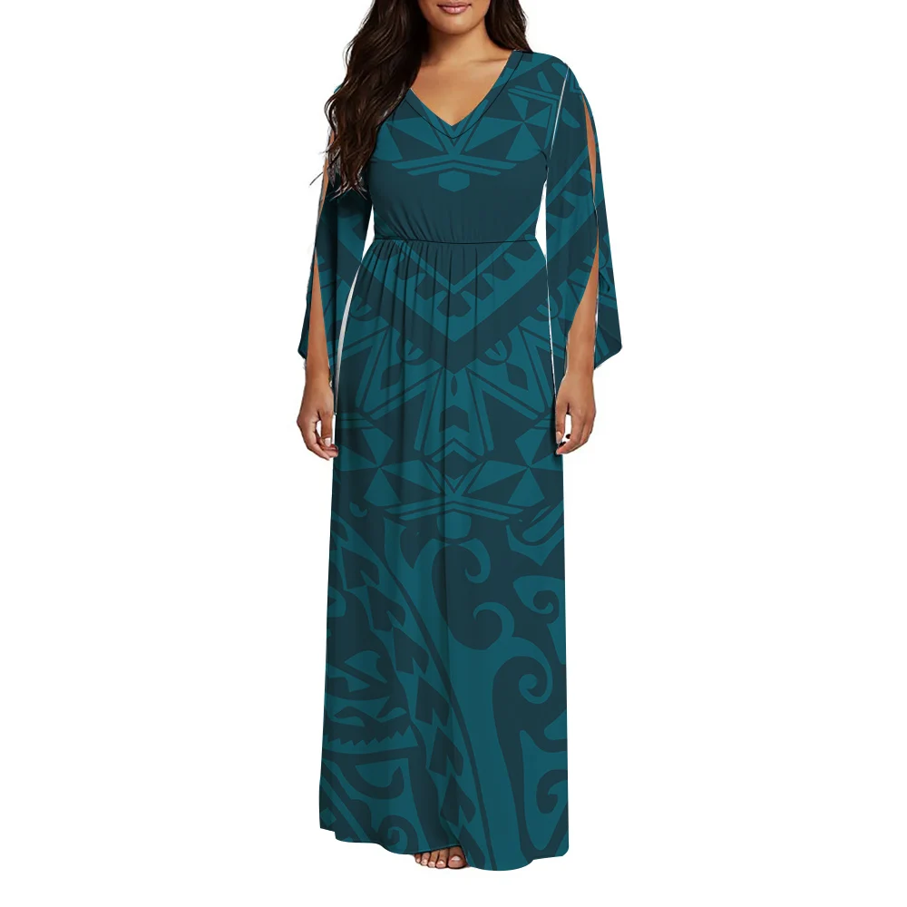 New Summer Women'S Custom-Pattern Polynesian Wholesale V-Neck Belted Long Dress With Flutter Sleeves Elegant And Stylish