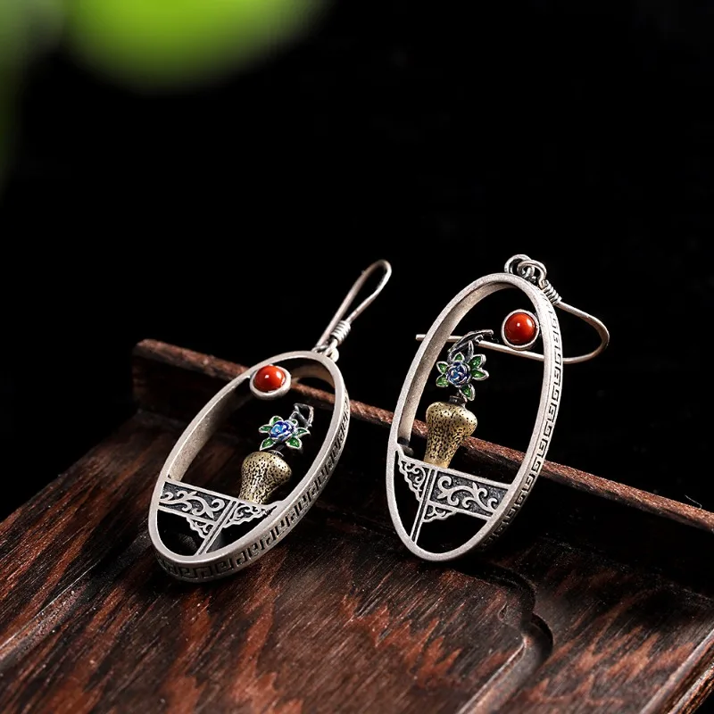 925 Thai Silver Earring Vintage Fashion Flower Arrangement Guanyin Bottle earrings for women Ancient Charm Hollow out Jewelry