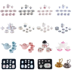 1/12 Dollhouse Miniature Dining Ware Porcelain Tea Set Tableware Cup Plate Colorful Floral Print Doll House Accessories