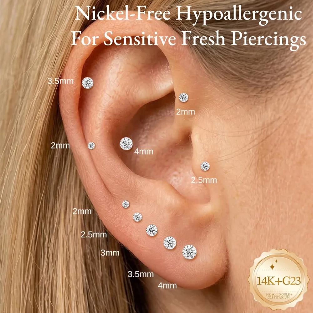 DIeSchein Flat Back Earrings Gold 14k Piercing for Women Personalized Flat Back Stud Earrings for Helix Tragus Daith Piercings