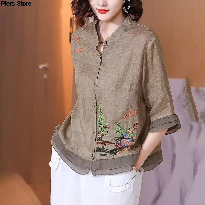 Camisa oriental tradicional estilo chinês para mulheres, meia manga, blusa casual de hanfu solta, tops grandes, roupas femininas, primavera