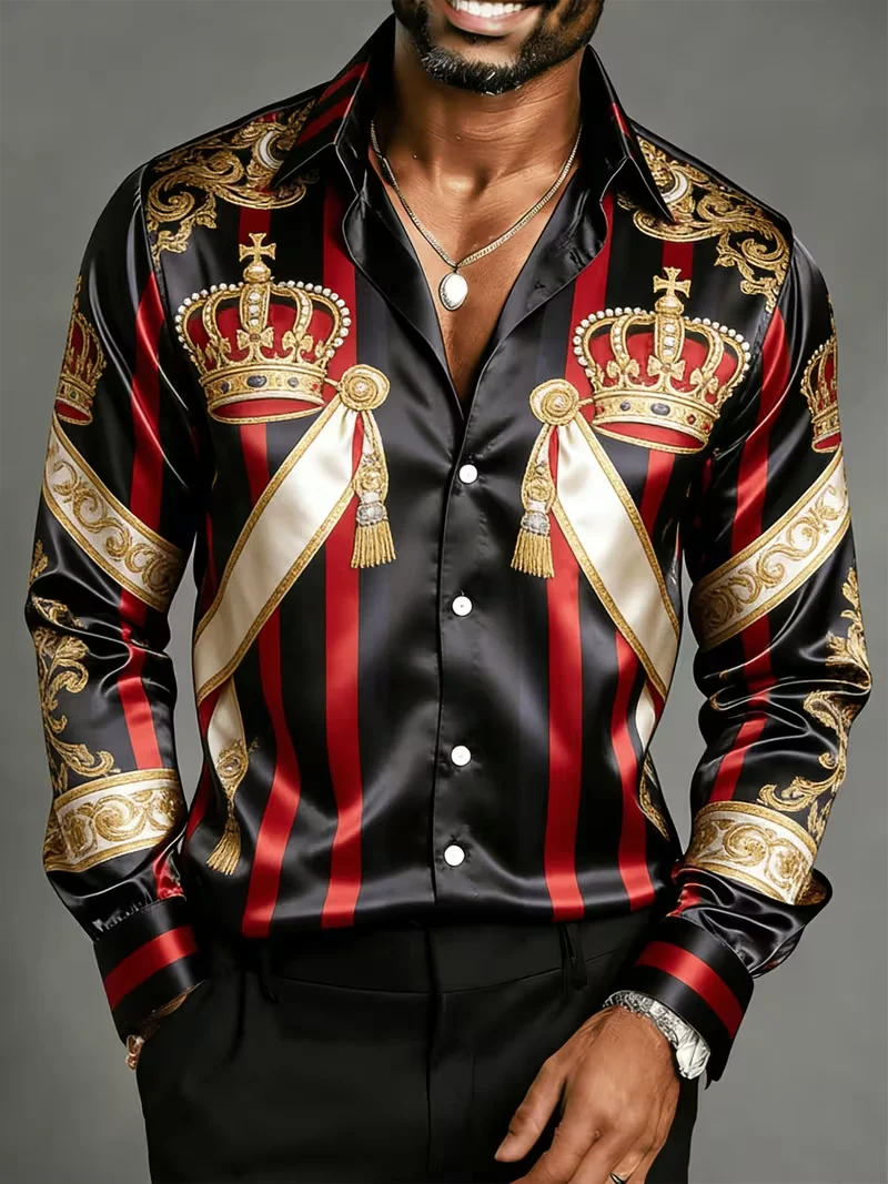 New plaid shirt satin lake green gold-plated diamond patterned vertical stripe artistic men's long sleeved shirt