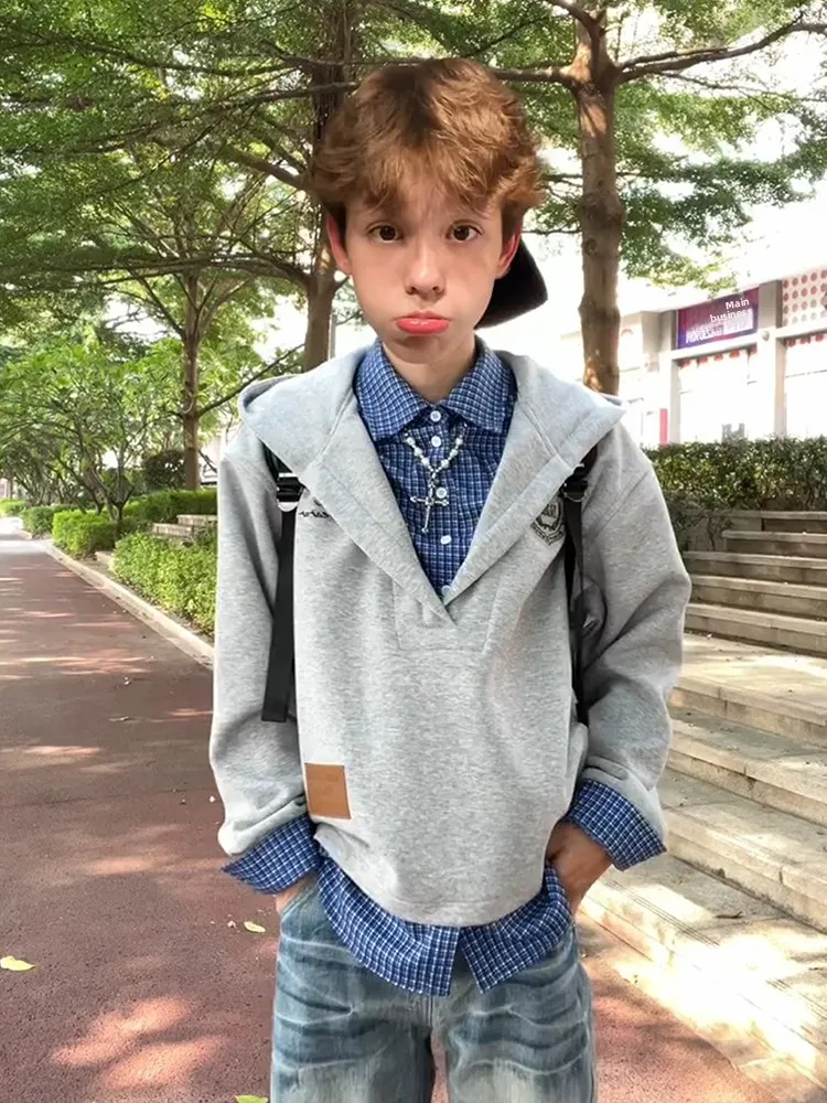 

ay Plaid irt Лоскутная поддельная двухсекционная толстовка мужская Sle осенний дизайн элитная ветровка для американского колледжа Jaet