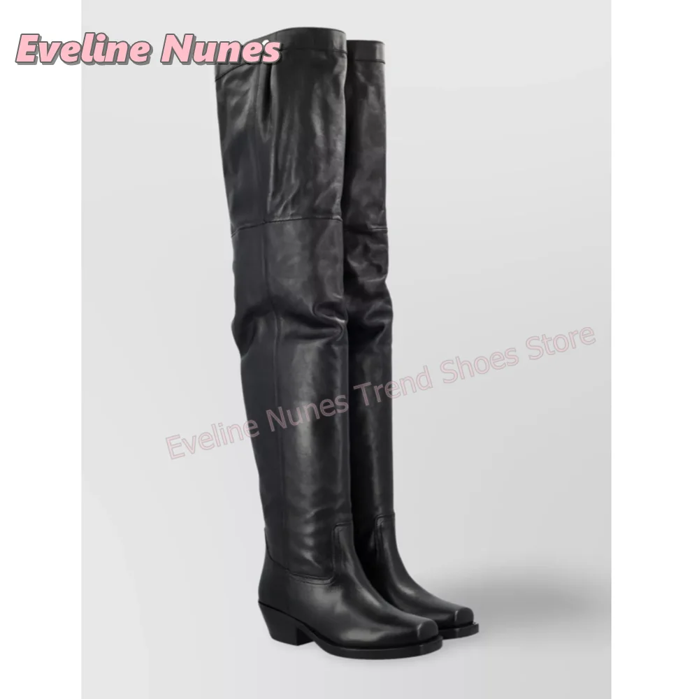 Women Black Slouchy Western Cowboy Boots Square Toe Block Low Heel Over The Knee Boots Retro Fashion Street Style 2026 New Trend