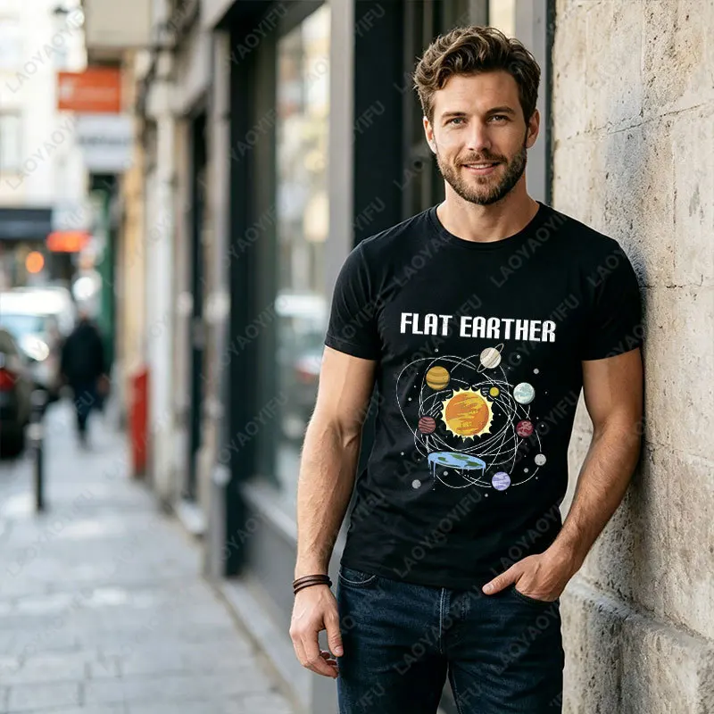 Flat Earth Believer T-Shirt - Funny Astronaut & Planets Graphic Tee Short Sleeve Humor Style Casual Fashion Outdoorwear Shirt