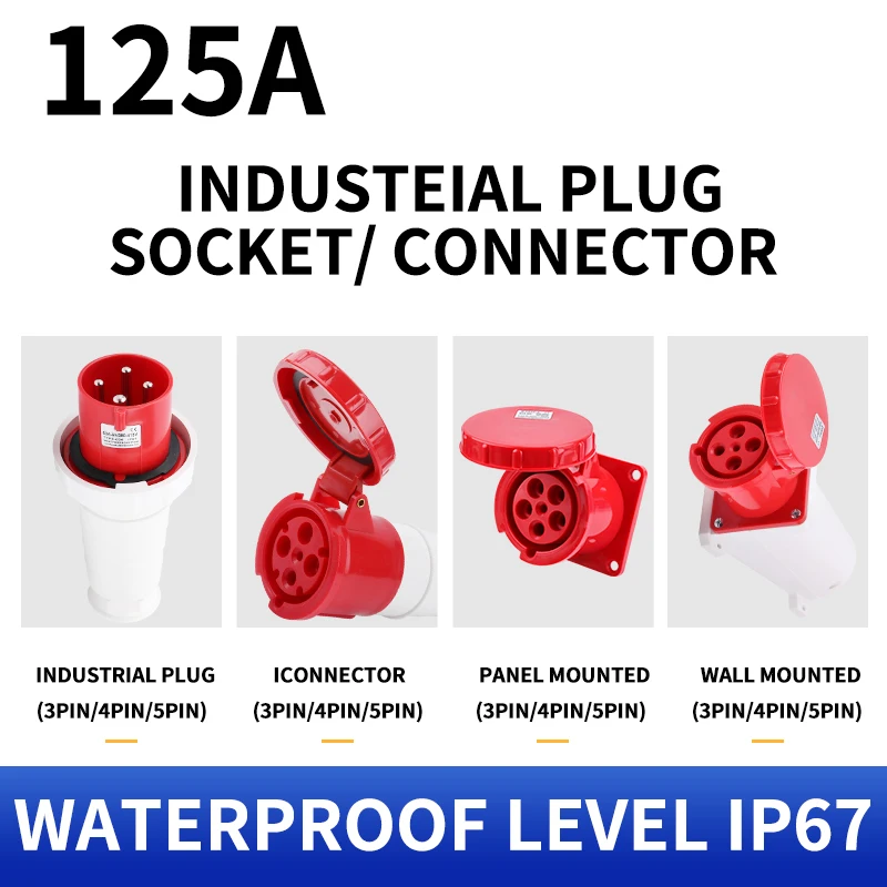 

Waterproof Industrial Plug3/4 /5 Pin dustproof socket IP67 Male and Female 125A Mounted industrial socket 380V 415V