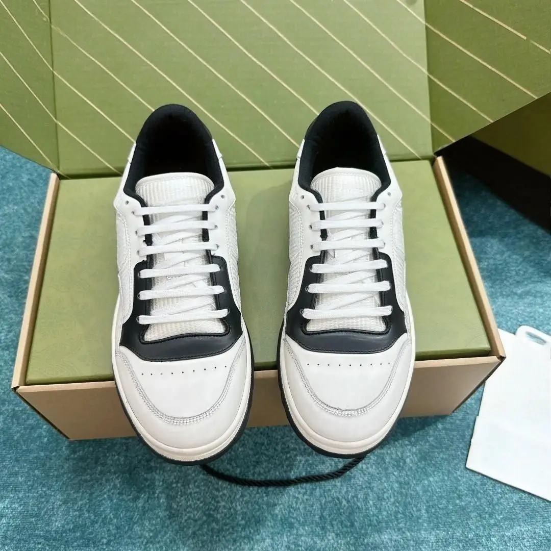Unisex White Black Patchwork Skate Sneakers, Faux Leather & Knit Upper Lace Up Low Top Thick Sole Street Board Shoes