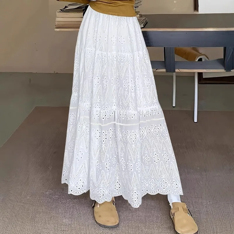 

White Elegant Lace Hollow Out Skirts High-Waisted Big Hem Casual Long Dress Women A- Line Solid Sweet Solid Embroideried Pleated