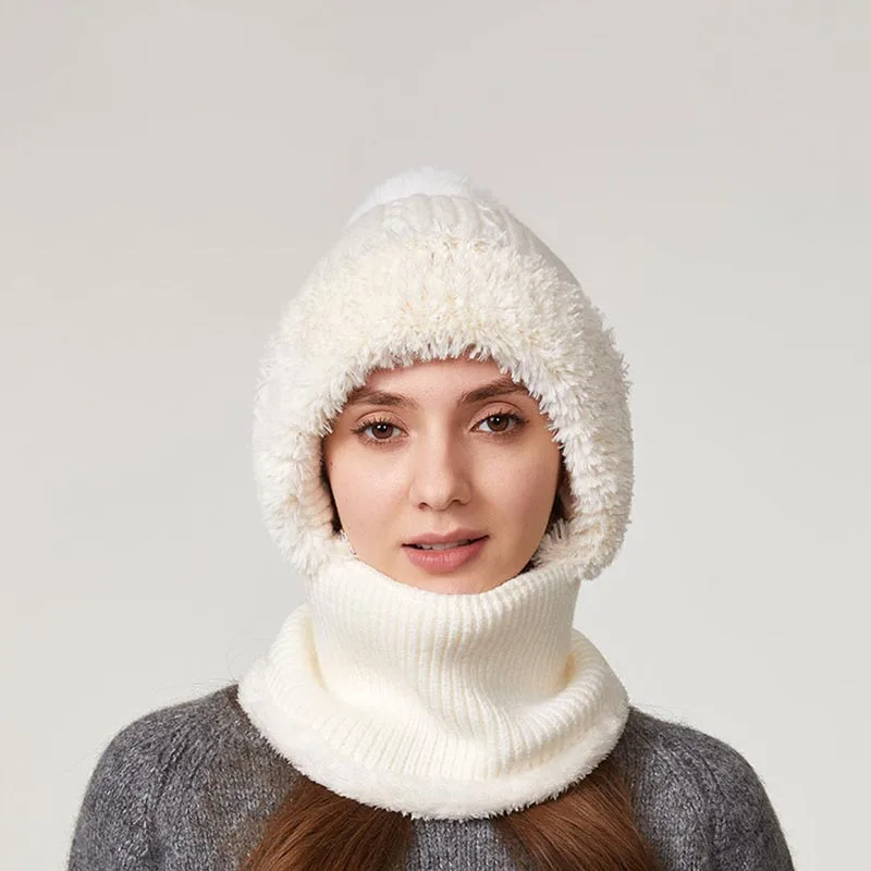 

New High Elastic Solid Color Knitted Hat Scarf Mask One-piece Hat Khaki Female Winter Cycling Wind-proof Pink Warm Hat Wholesale