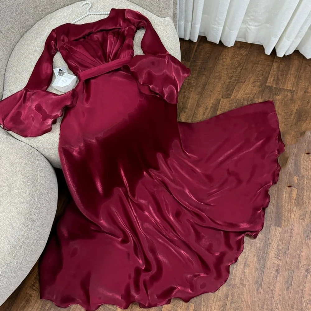 

New Design Elegant Burgundy Evening Dresses O Neck Long Flare Sleeves Prom Gowns Floor Length A-Line Party Dress فساتين السهرة