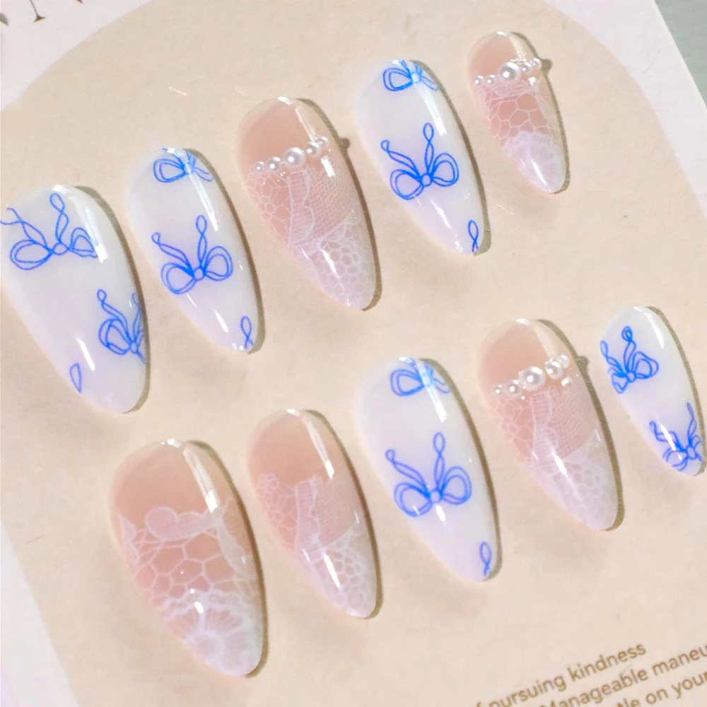 

Retro French Pearl White Lace Flora Blue Bowknot Nail Art Wearable False Nails Detachable Finished Fake Nails Press on Nails