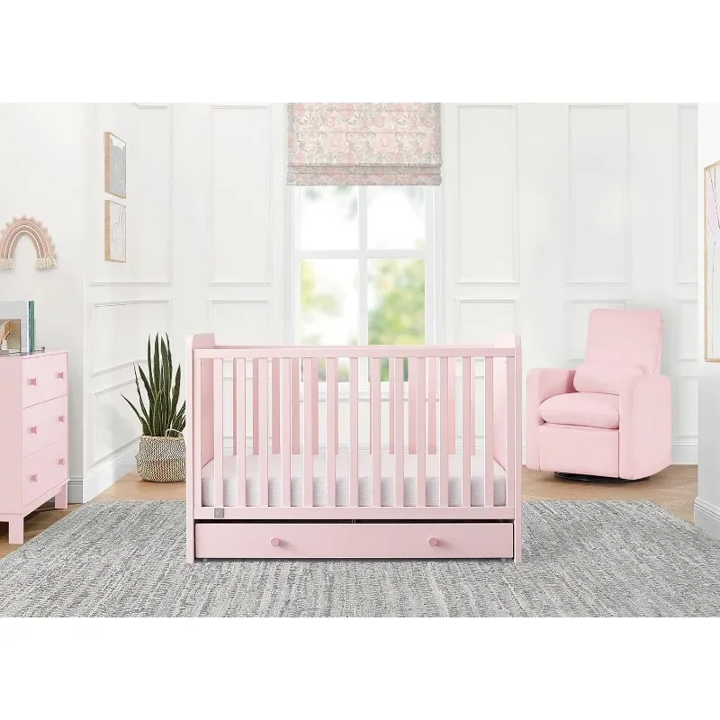 4-in-1 Convertible Crib with Storage Drawer - Greenguard Gold Certified, Blush Pink/Dark Pink