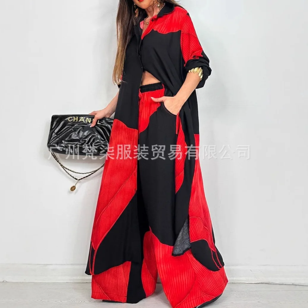 Fashion Loose Printed Long Sleeve 2-piece Set Women\'s Single-breasted Cardigan Robe Wide-leg Pants Casual Two-piece Outfit Woman