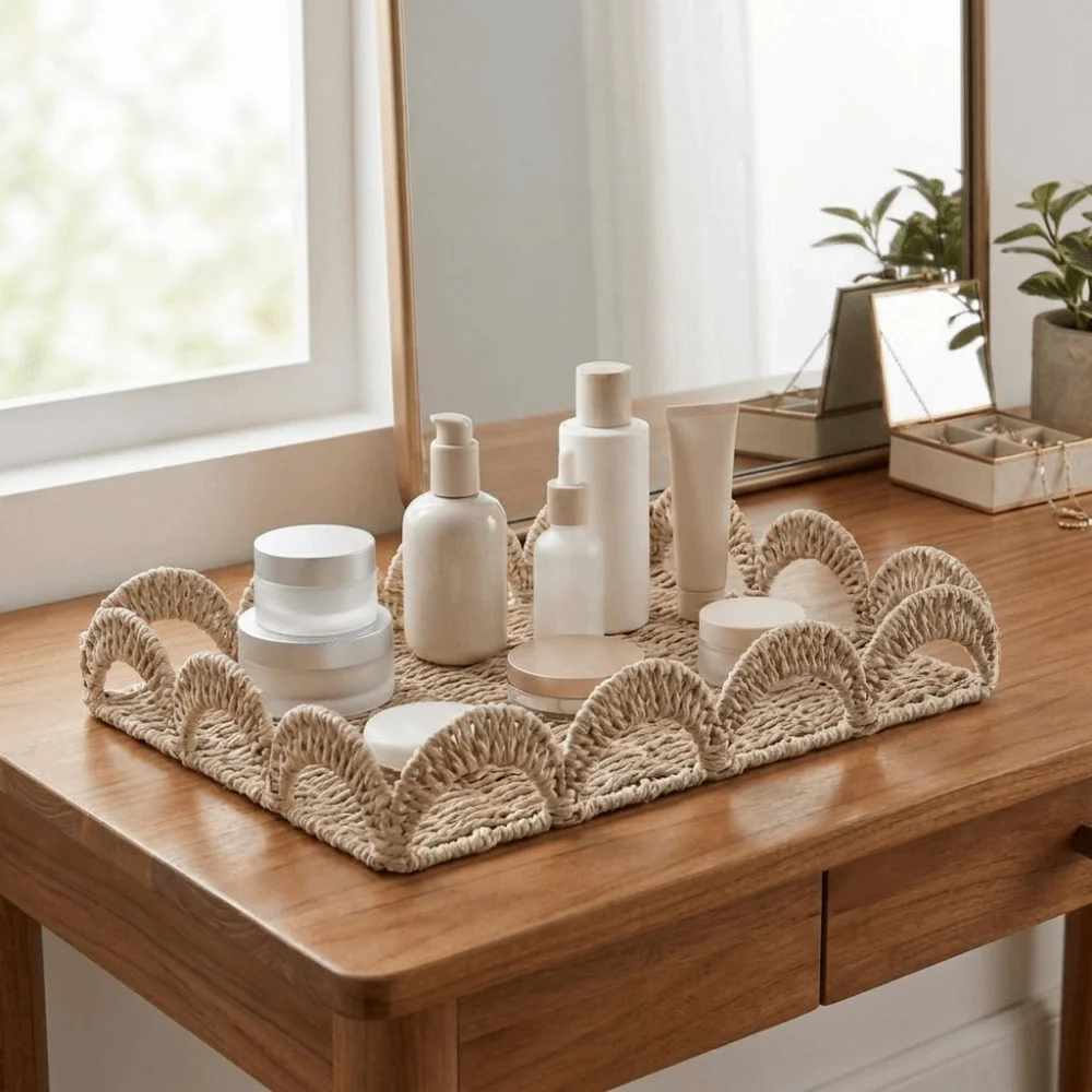 

Handmade Paper Rope Storage Basket Scalloped Edge Large Capacity Handwoven Storage Basket Decorative Rectangular Fruit Basket
