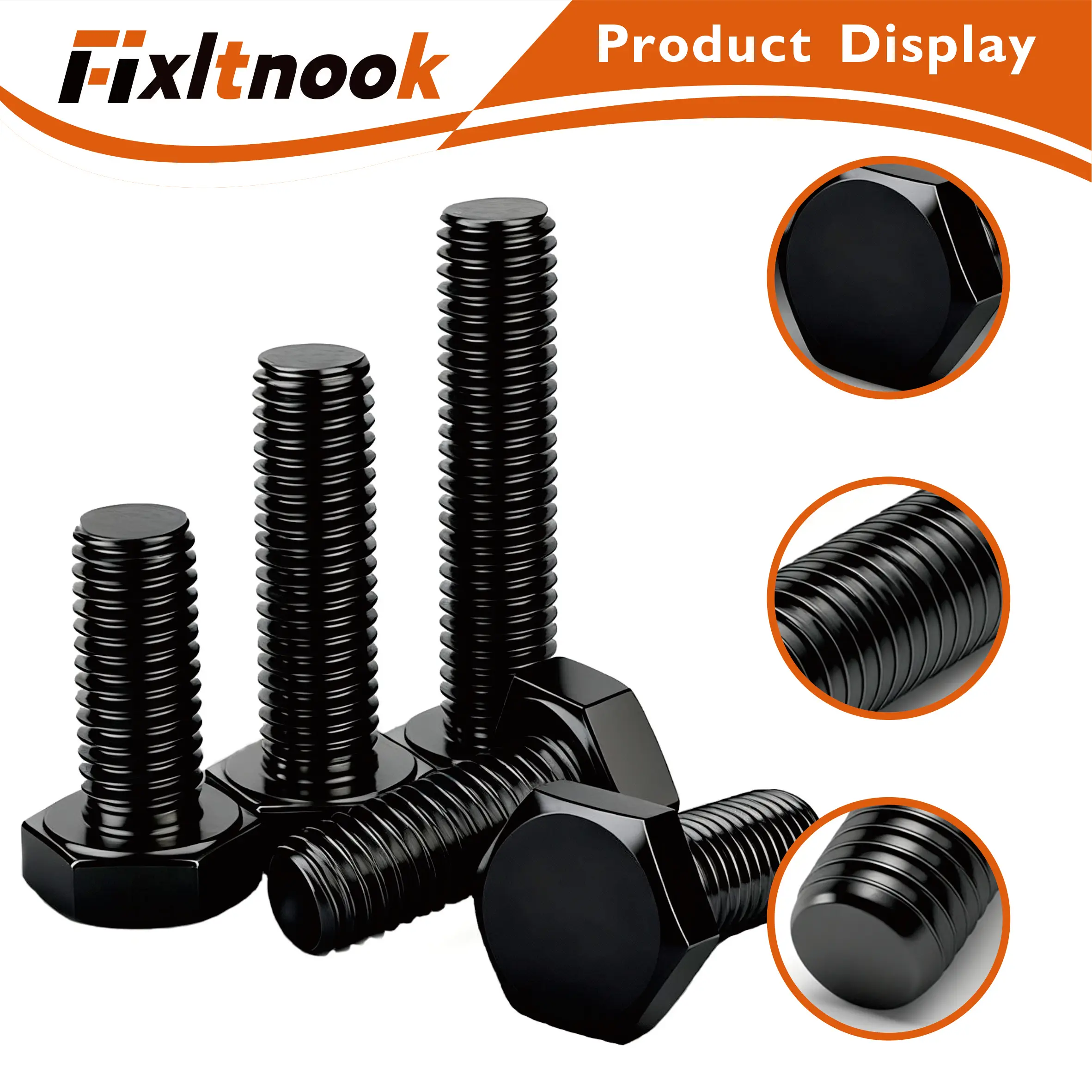 15 ชิ้น, สกรูหัวหกเหลี่ยม M10 X 30-50 มม., สกรูหัวหกเหลี่ยม, เหล็กอัลลอยด์เกรด 8.8, การชุบออกซิเดชันสีดำ, เกลียวเต็มแบบเมตริก