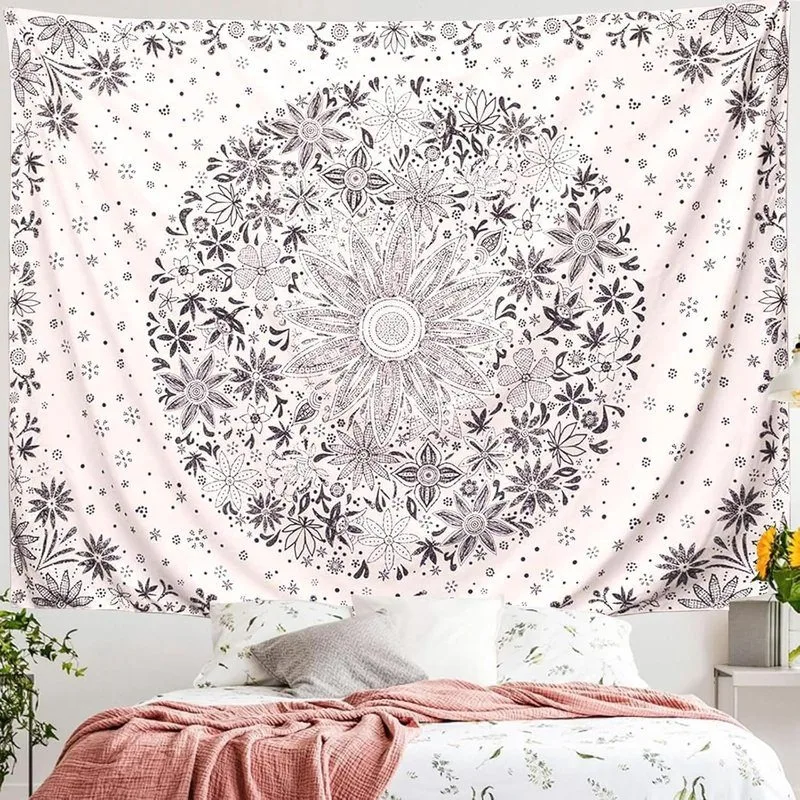 Boho Mandala Floral Tapestry, Monochrome Art Wall Hanging, Chic Bedroom Home Decor Gift