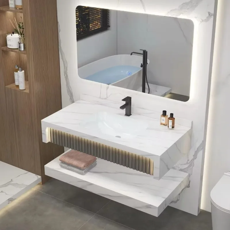 

Wall Mounted Rock Flat Bathroom Washbasin Cabinet with LED Mirror