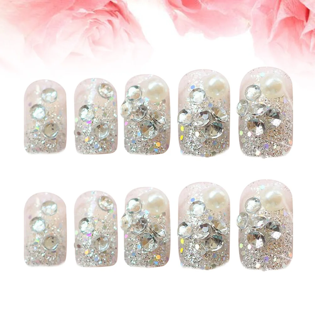 

24pcs Full Cover Rhinestone Fake Nails Diy False Nail Tips For Women Silver Non-Toxic Durable Nail Art Tools