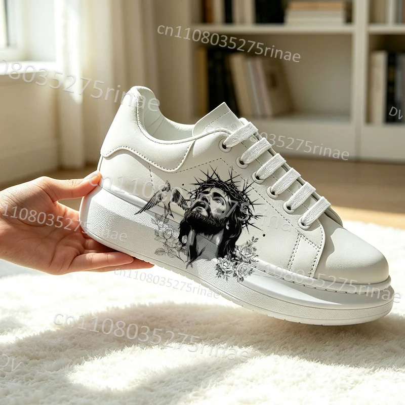 Picture 3: Personalized Unisex Thick Platform Board Shoes Jesus Cross Lamb Dove Rose Floral Graphic PU Leather Lace Up Flat Shoes