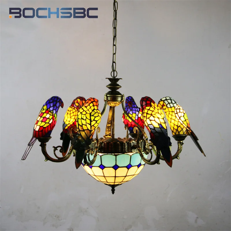 BOCHSBC Tiffany Stained Glass Parrot Decor Chandelier LED Chandelier in vintage luxury European hotel living Room Dining room