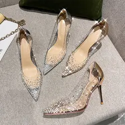 Punta a punta diamantata con cristalli scarpe con strass trasparenti per donna 2024 scarpe da sposa da sposa su décolleté trasparenti con tacco Y2k 39 E