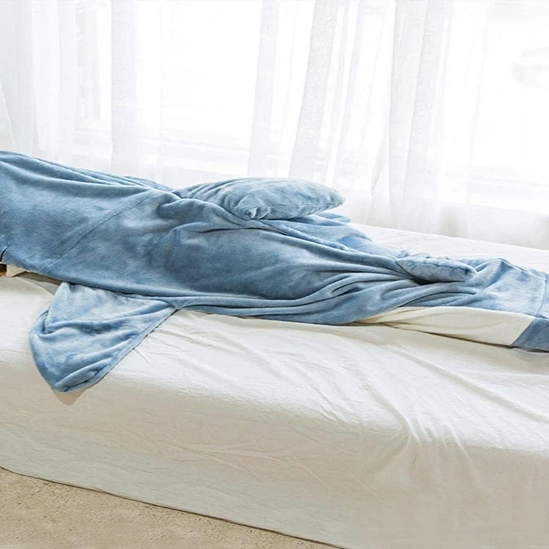 Hooded Flannel Shark One-Piece Pajamas Home Children Adult Men and Women Quirky Homewear Blanket