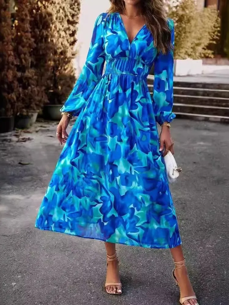 Autumn Women's 2024 New Dress Sexy V-neck Long-sleeved Dress Fashionable Floral Bohemian Resort Style Elegant Temperament