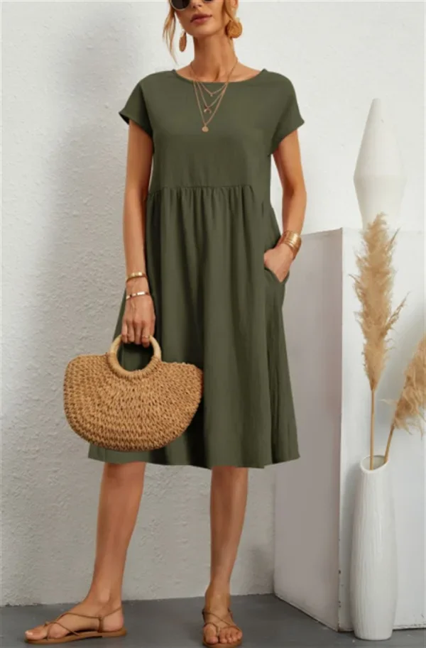 2024 New Summer Women's Solid Color Dress Round Neck Lantern Sleeves Loose A-line Skirt Women's Cotton and Hemp Pocket Dress