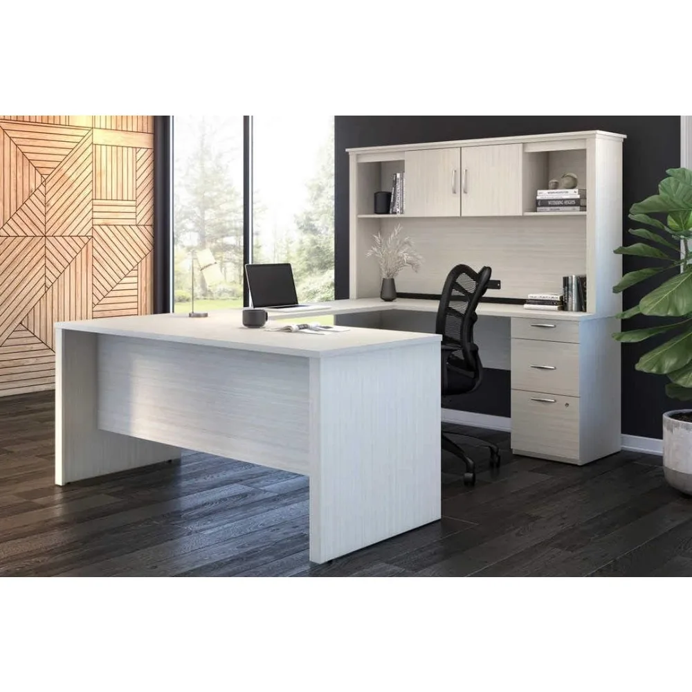 

66W U or L-Shaped Executive Office Desk with Pedestal and Hutch in White Chocolatek, L Shaped Office Desk