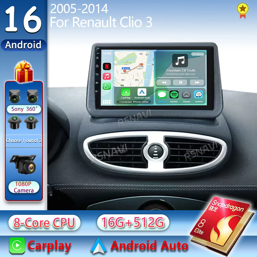 Android 16 Car Radio For Renault Clio 3 2005-2014 2K QLED Android Multimedia Video Player AI Voice CarPlay 4G Stereo Navigation