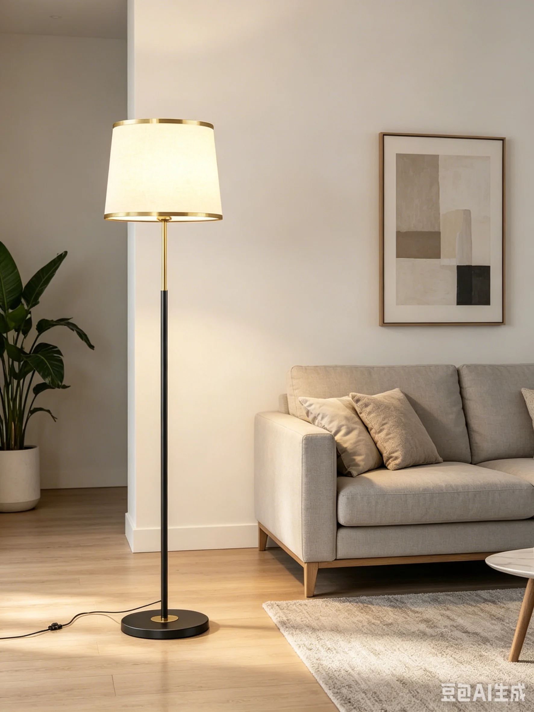 Nordic Minimalist Floor Lamp with Beige Lampshade Gold Trim Home Decor Standing Reading Lamp for Bedroom Sofa Side
