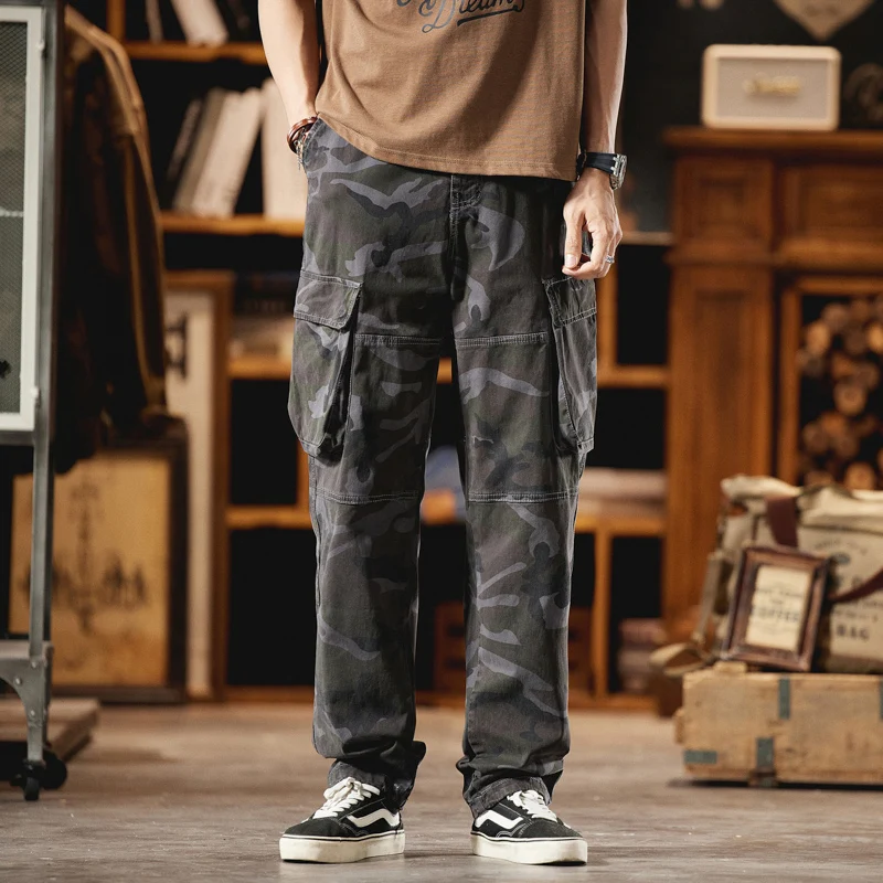 ربيع الخريف النمط الأمريكي خمر فضفاضة تناسب الرجال مستقيم الساق السراويل البضائع متعددة جيب في الهواء الطلق التمويه السراويل عبر الحدود