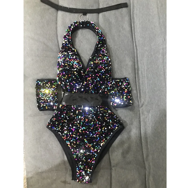 

Sexy Backless Halter Sequin Bodysuit Nightclub Bar DJ Singer Team Stage Costume Pole Dance Leotard Performance Party Rave Outfit