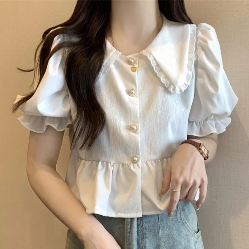 Peter Pan Collar Shirts Women Elegant Ruffles Summer Vintage Party Female Streetwear Puff Sleeve French Style Daily Aesthetic