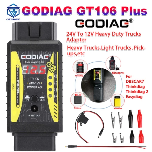 GODIAG GT106 PLUS Adaptador convertidor para camión de servicio pesado, 24V a 12V, X431 Easydiag/ ThinkCar/ DBScar 7 / Thinkdiag 2 OBD2 k-line