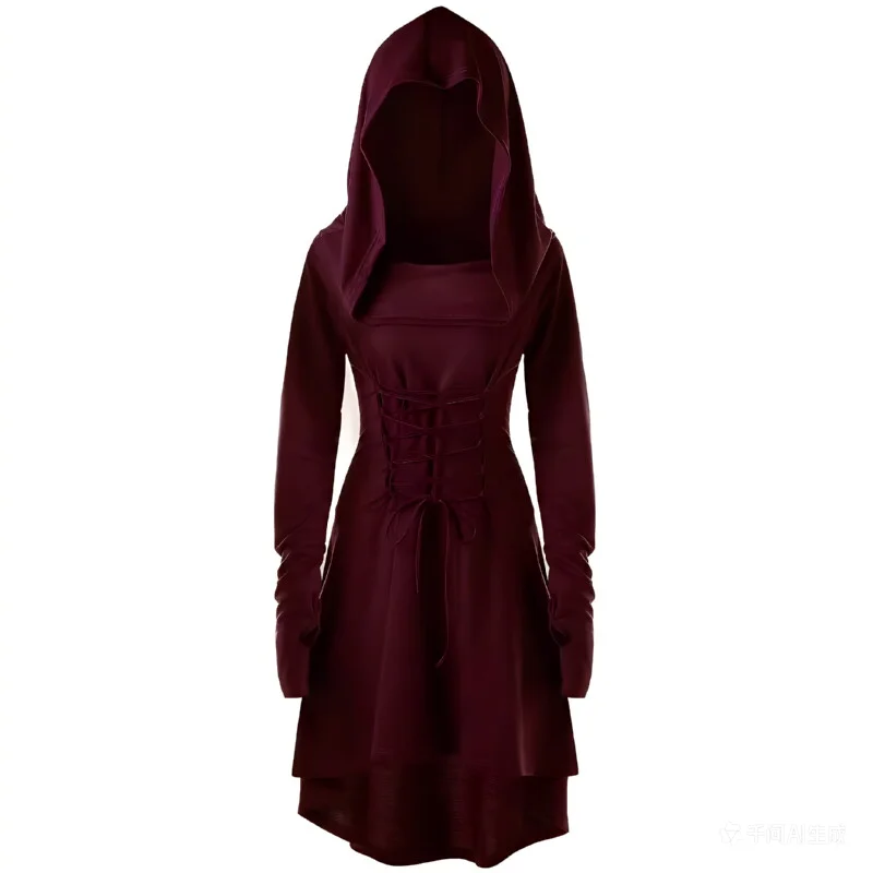Kostum Cosplay Pemanah Renaisans Wanita Jubah Berkerudung Berenda Vintage Pullover Hoodie Panjang Gaun Jubah Pesta Halloween Abad Pertengahan